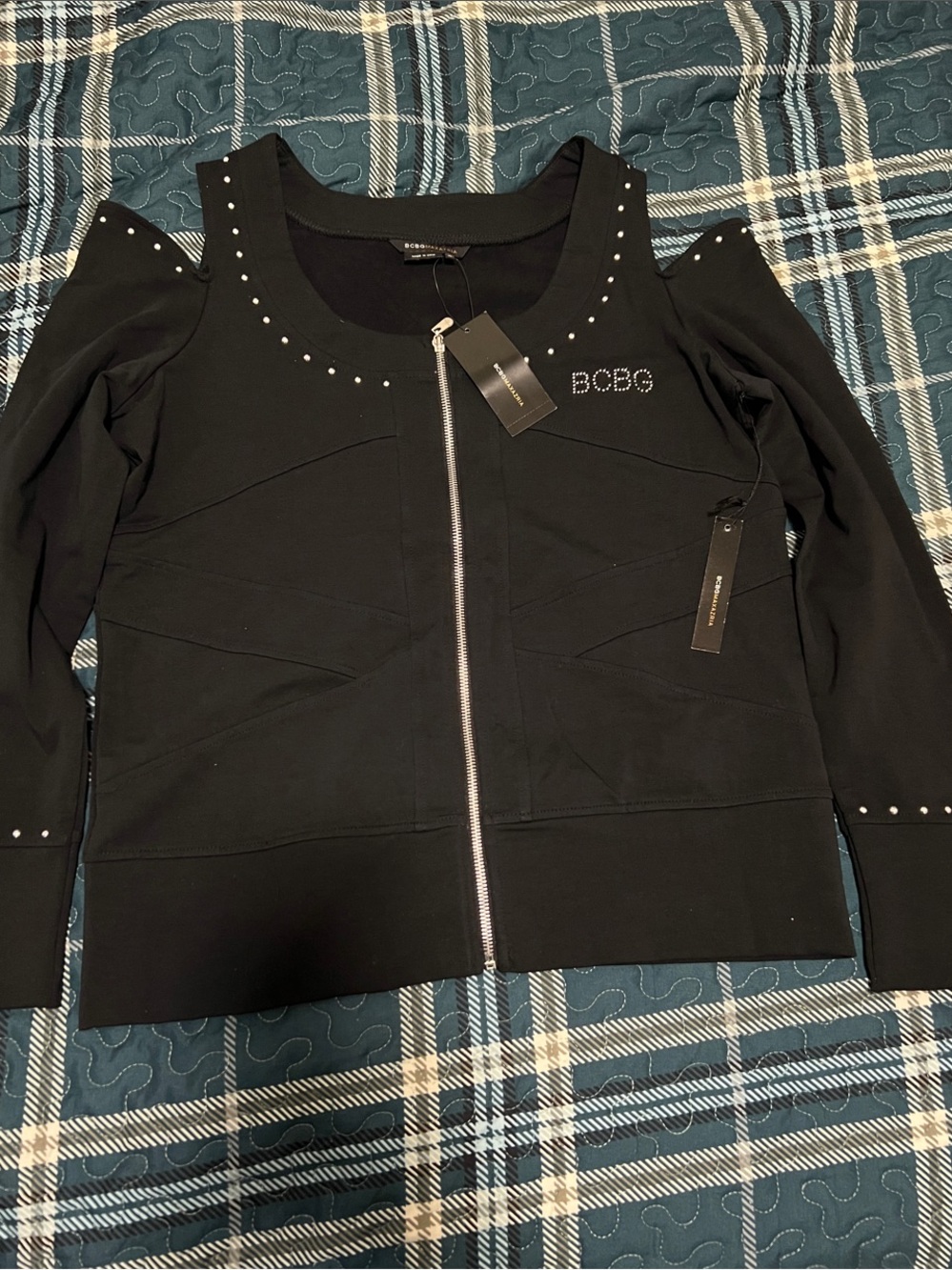 BCBG Black Zip-Front Cold-Shoulder Jacket with Stud Details